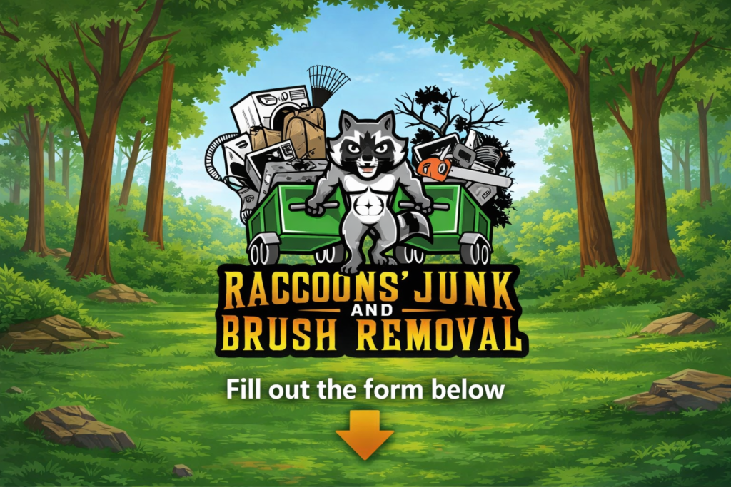 Raccoons Junk and Brush Removal quote page banner with raccoon mascot, junk dumpsters, and call to fill out form in Santa Rosa California