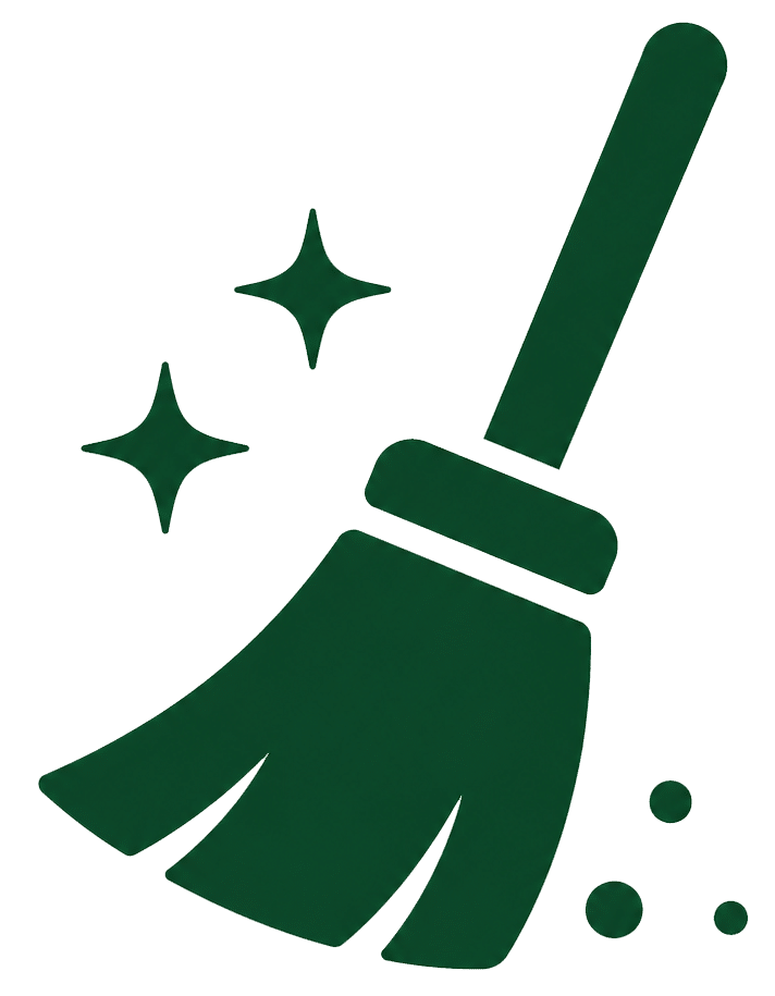 Clean and professional junk removal service icon with broom and sparkle