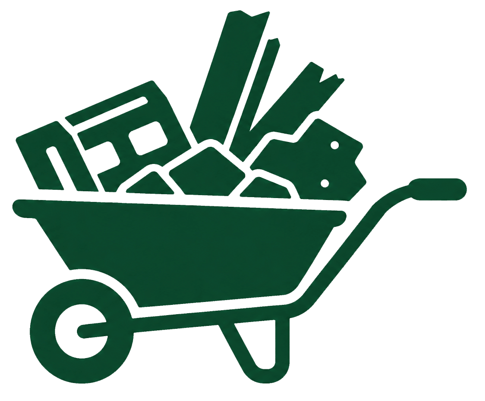 Construction debris removal icon showing wheelbarrow with building materials