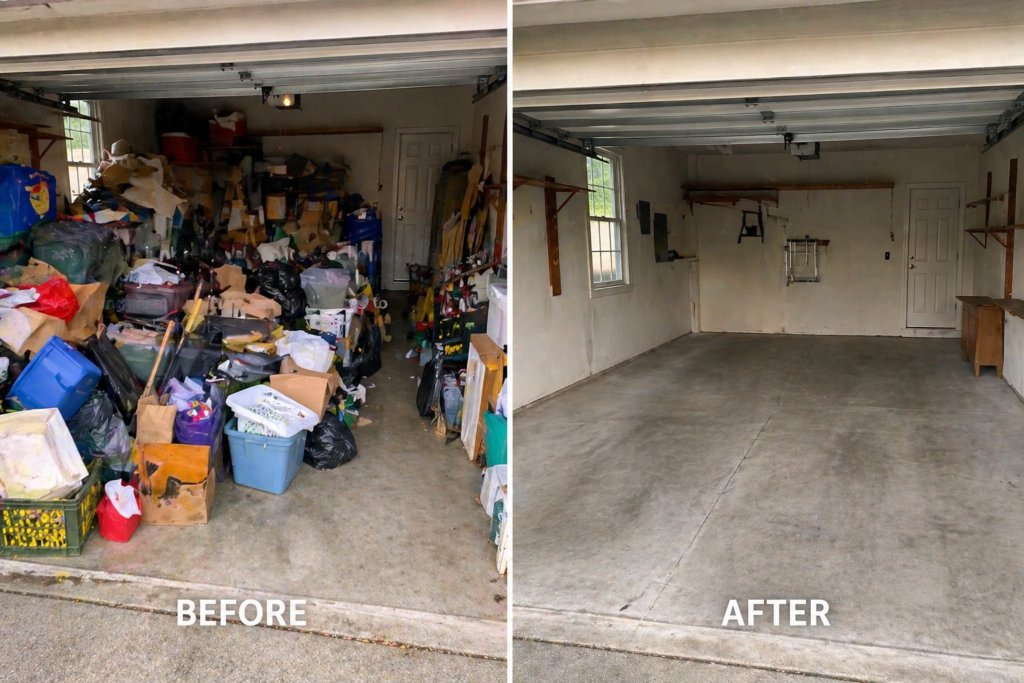 Before and after junk removal garage cleanout in Santa Rosa CA by Raccoons Junk and Brush Removal