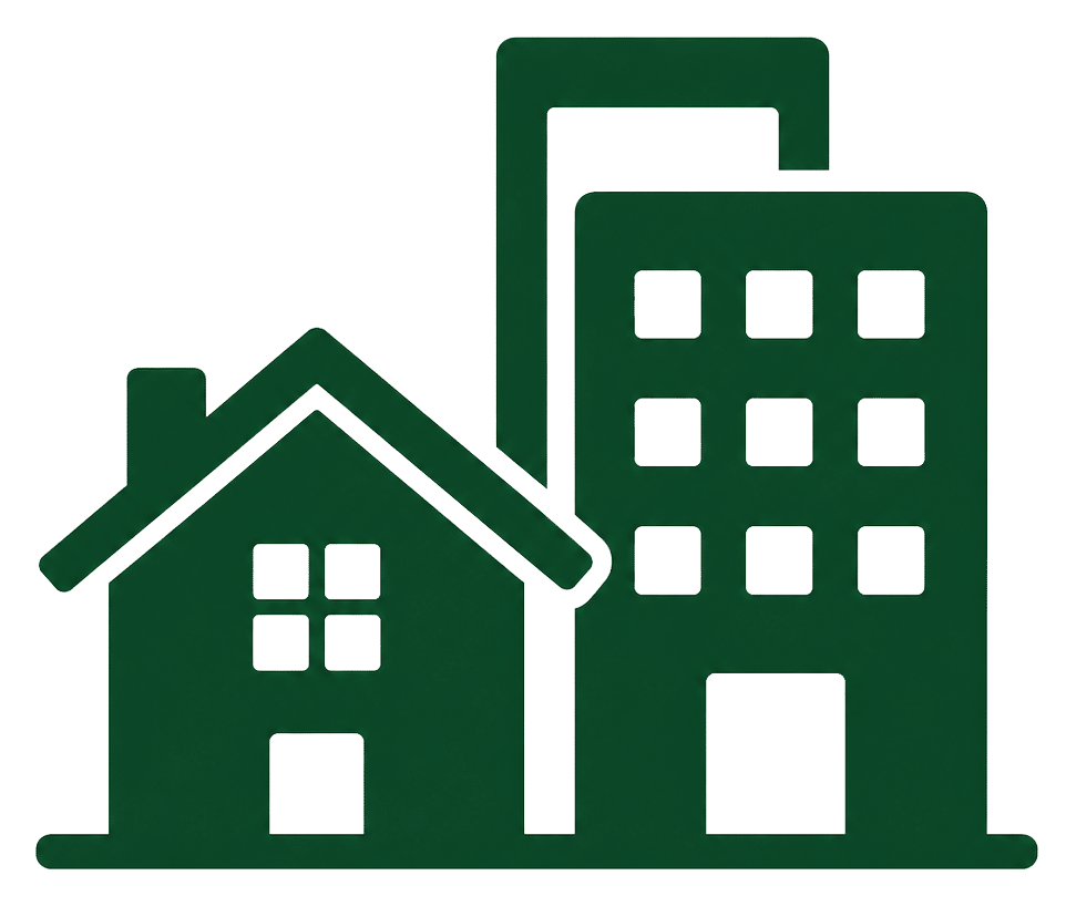 Residential and commercial junk removal service icon with house and building